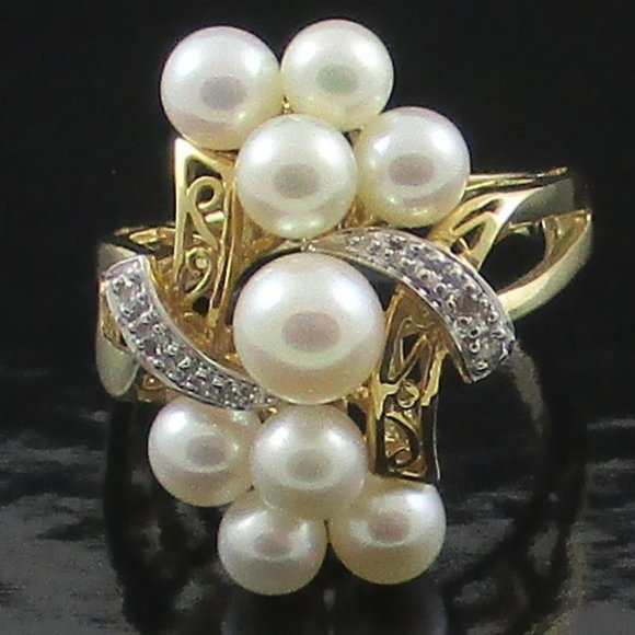 14K Yellow Gold Cultured Freshwater Pearl Cluster & Diamond Accent Ring - Picture 1 of 7